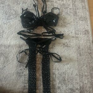 Black Strappy Lingerie Set with Rhinestones